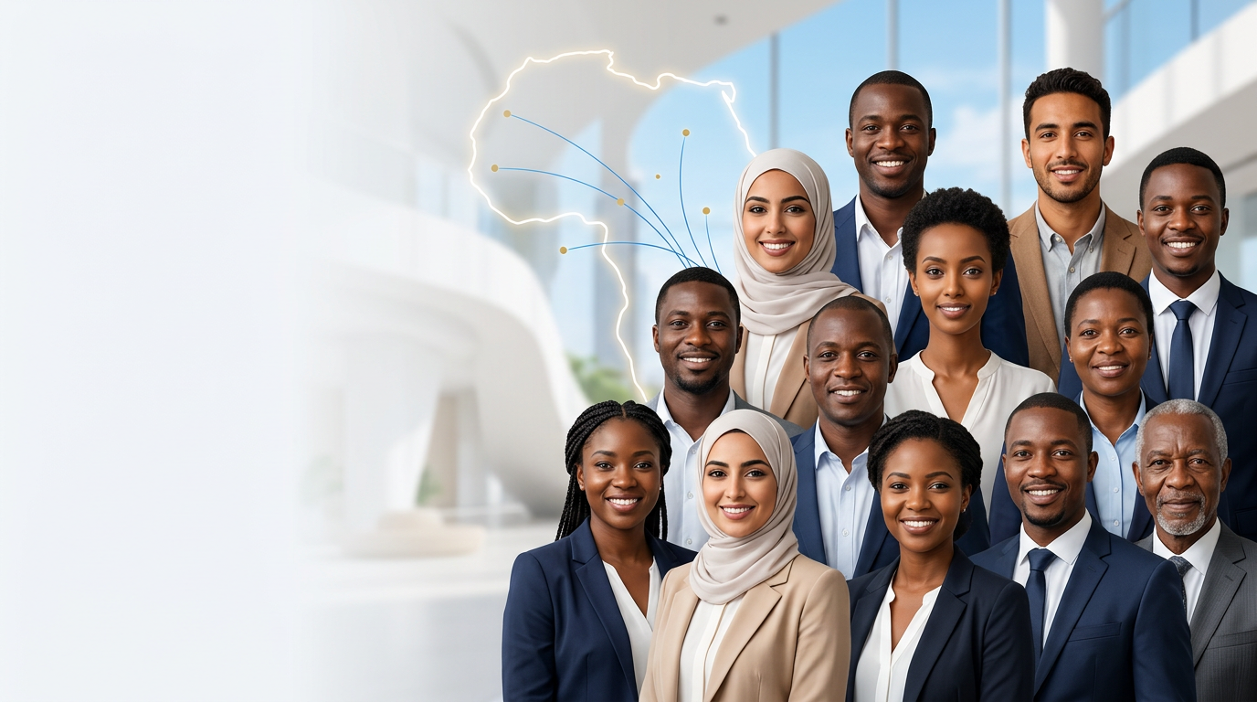 Diverse group of African people — professionals, students, families — smiling and united.